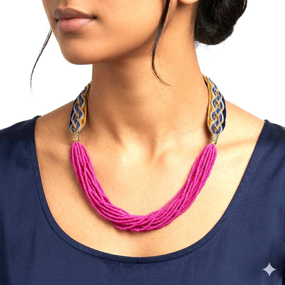 ARTISAN NECKLACE Violet Beads Braided Chain Black/Yellow/Purple Women Jewelry